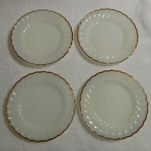 Fire King milk glass white swirl anniversary gold anchor hocking mcm 4 dishes 7"